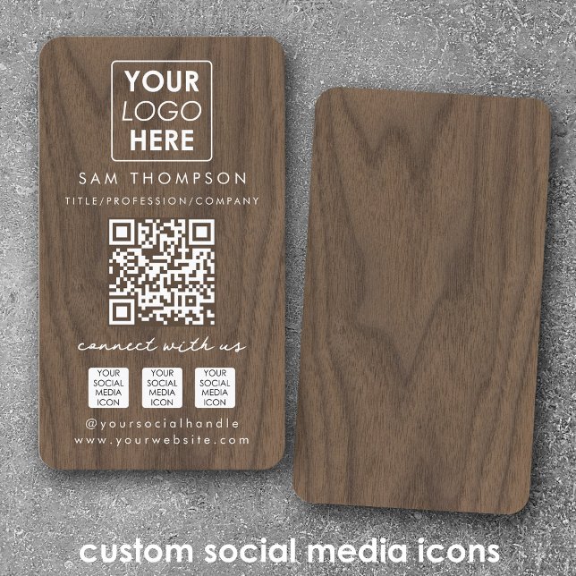 Tarjeta De Visita Wooden Connect with Us Social Media QR Code Logo ( (Wooden Connect with Us Social Media QR Code Logo Business Card)