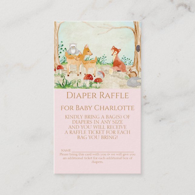 Tarjeta De Visita Woodland Animales Fox Deer Diaper Raffle Chica Bab (Anverso)