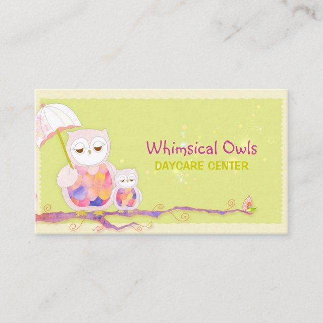 Tarjeta De Visita Woodland Owls Whimsical Daycare (Anverso)