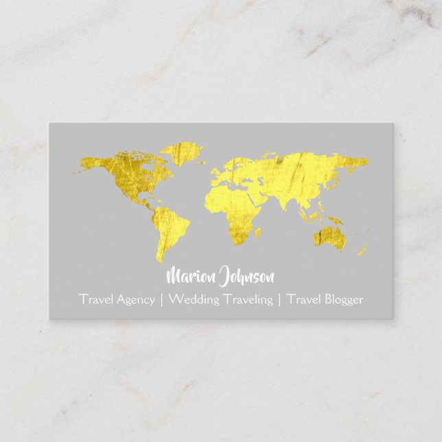 Tarjeta De Visita World Map Globe Map Travelling Logo Gray Gold (Anverso)