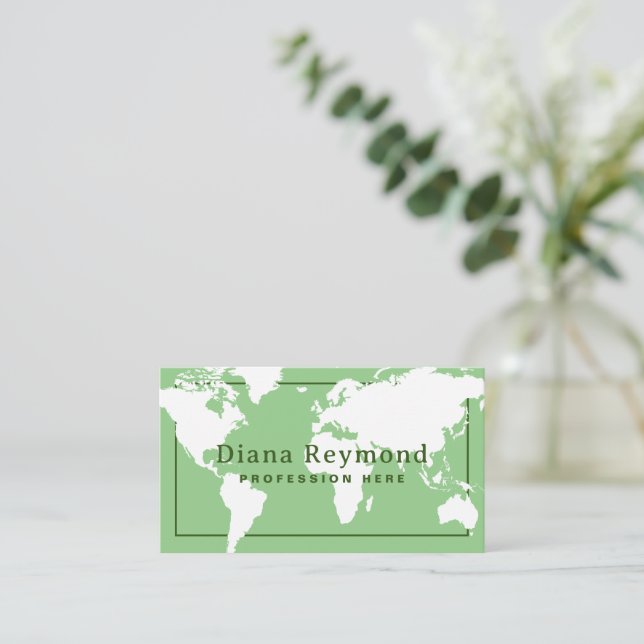 Tarjeta De Visita World Map Sage Green Elegant (Anverso de pie)