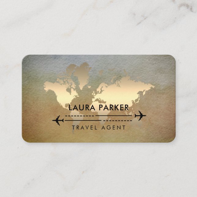 Tarjeta De Visita World Map Travel Agent Gold Tourism Airplane (Anverso)