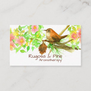 Tarjeta De Visita Wren Rugosa Rosa Pine Cone Watercolor Botánico