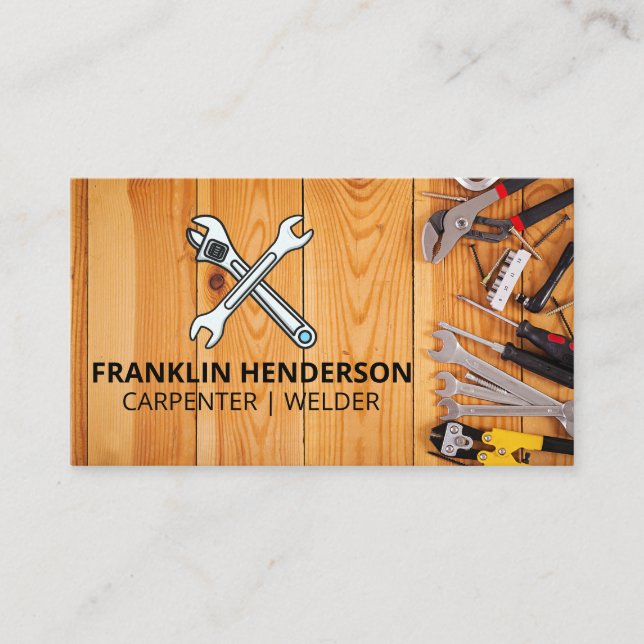 Tarjeta De Visita Wrenches | Tabla de herramientas en madera (Anverso)