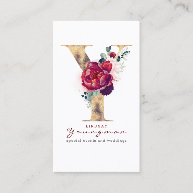Tarjeta De Visita Y Relieve metalizado dorado monograma y floral roj (Anverso)