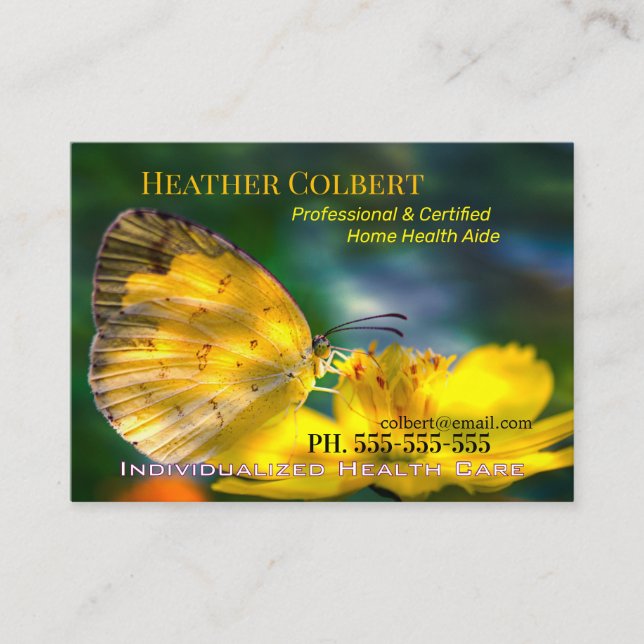 Tarjeta De Visita Yellow Butterfly Trustworthy Caregiver (Anverso)