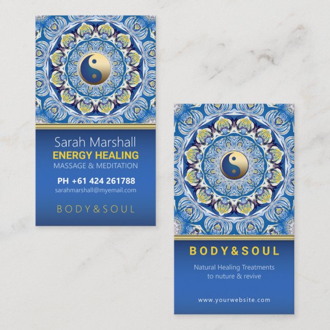 Tarjeta De Visita Yin Yang Energy Healing Blue Yellow Mandala (Anverso / Reverso)