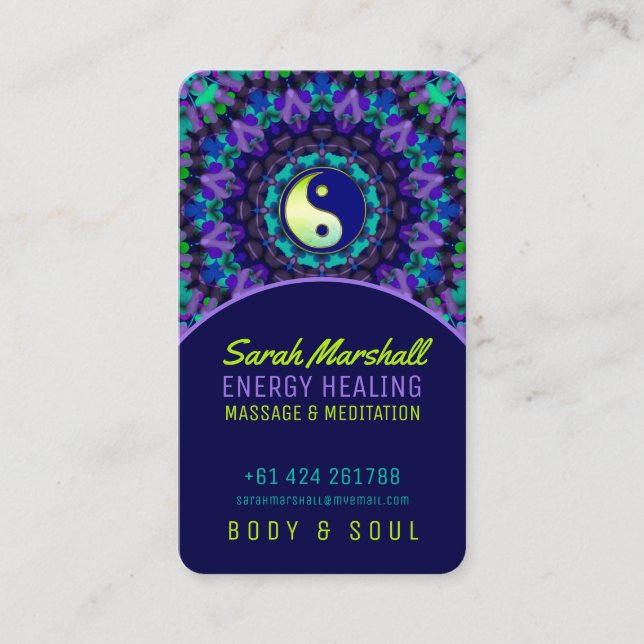 Tarjeta De Visita Yin Yang Energy Healing Purple Blue Bright Green (Anverso)