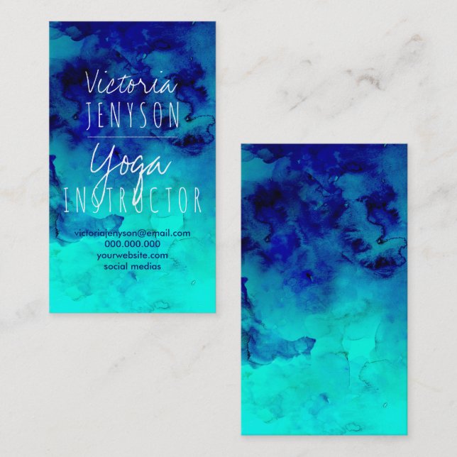 Tarjeta De Visita Yoga azul brillante moderna de la acuarela de la (Anverso / Reverso)