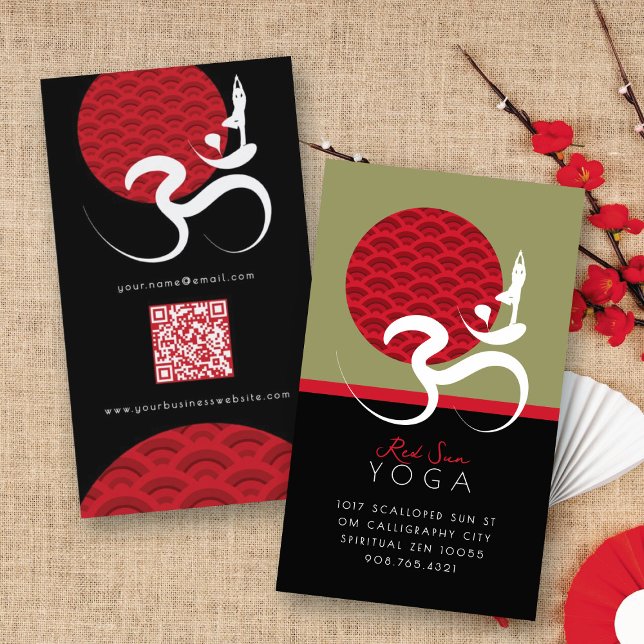 Tarjeta De Visita Yoga del Sol Rojo Asiático y caligrafía zen modern (Red Sun Yoga Spiritual Indian Meditate Modern Zen Calligraphy Om Aum Symbol Business Card @ fatfatin)