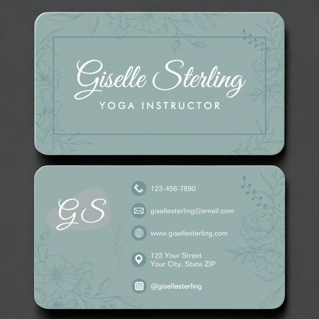 Tarjeta De Visita Yoga Instructor Green Teal Floral (Subido por el creador)