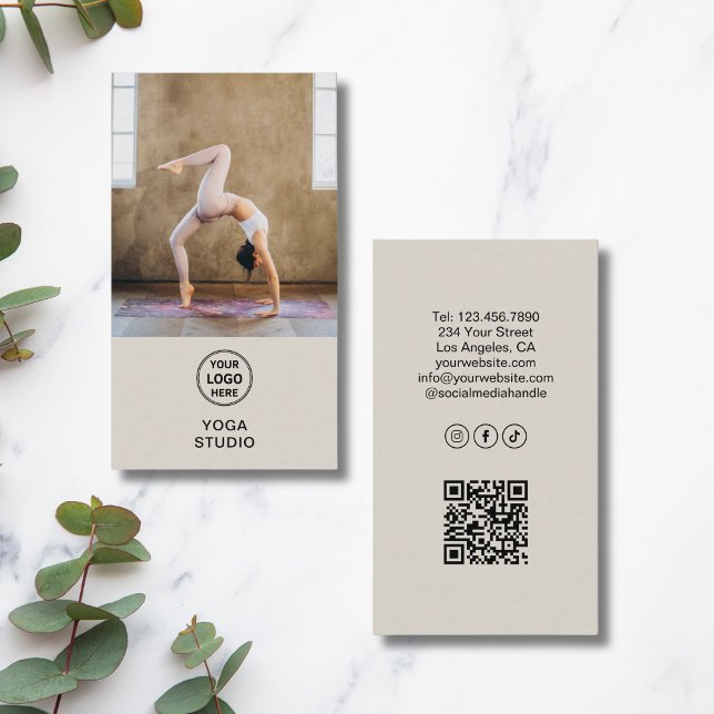 Tarjeta De Visita Yoga Instructor Teacher Custom Logo Photo QR (Yoga Instructor Teacher Custom Logo Photo QR Business Card)