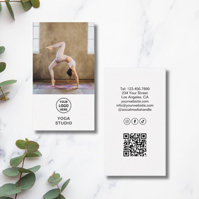 Tarjeta De Visita Yoga Instructor Teacher Logo Photo QR White (Yoga Instructor Teacher Logo Photo QR White Business Card)