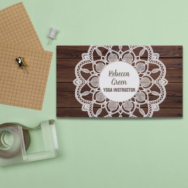 Tarjeta De Visita Yoga Mandala, moderno y rústico de madera para chi (Modern Girly Rustic Woodgrain Yoga Mandala Business Card)