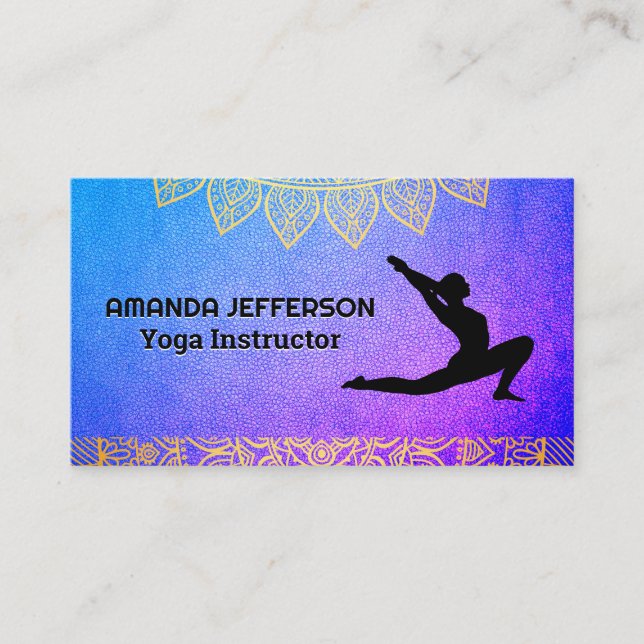 Tarjeta De Visita Yoga Pose | Textura púrpura | Impresión tribal (Anverso)