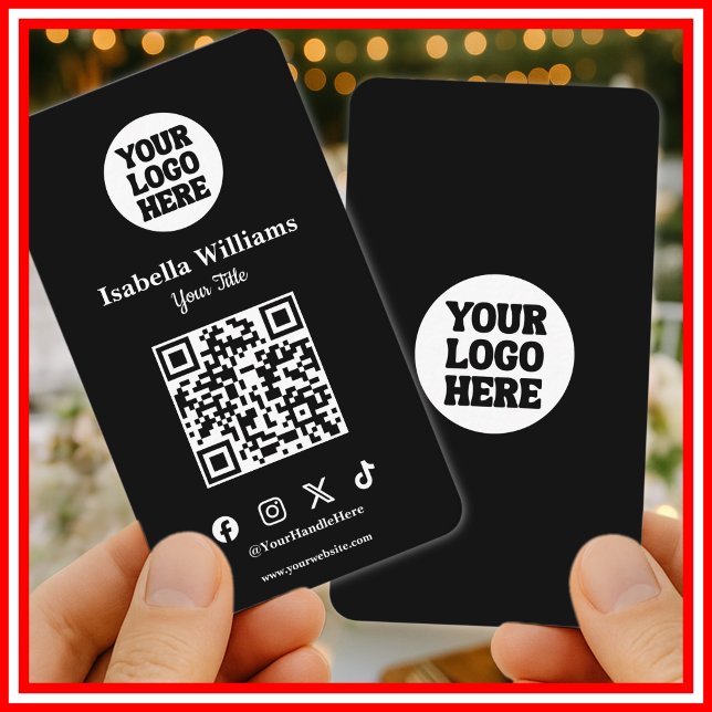 Tarjeta De Visita Your Logo Here Black Modern | Simple QR Code (Subido por el creador)