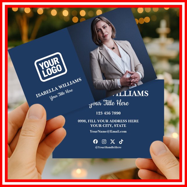 Tarjeta De Visita Your Logo Here Simple Modern Photo Navy Blue (Subido por el creador)