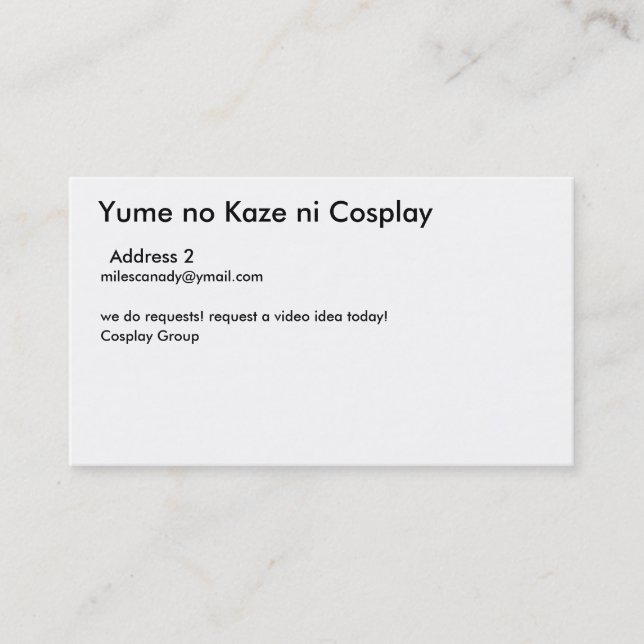 Tarjeta De Visita Yume ningún ni Cosplay, dirección 2 de KAZe, (Anverso)