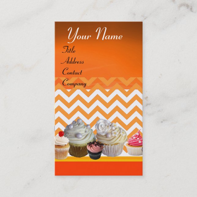TARJETA DE VISITA YUMMY CUPCAKES DESERT SHOP NARANJA WHITCHEVRON (Anverso)