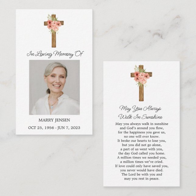 Tarjeta De Visita Zinnia Cross Memorial Photo Funeral Prayer Card (Anverso / Reverso)
