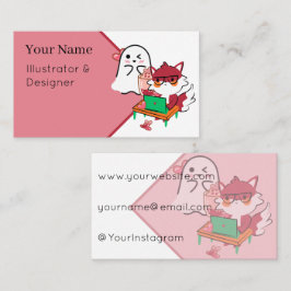Tarjeta De Visita Zorro nerd trabajando en laptop, fantasma lindo y 