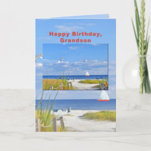 Tarjeta de vista de cumpleaños, nietos, playa y oc