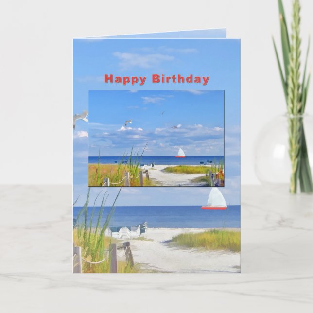Tarjeta de vista de cumpleaños, playa y océano (Anverso)
