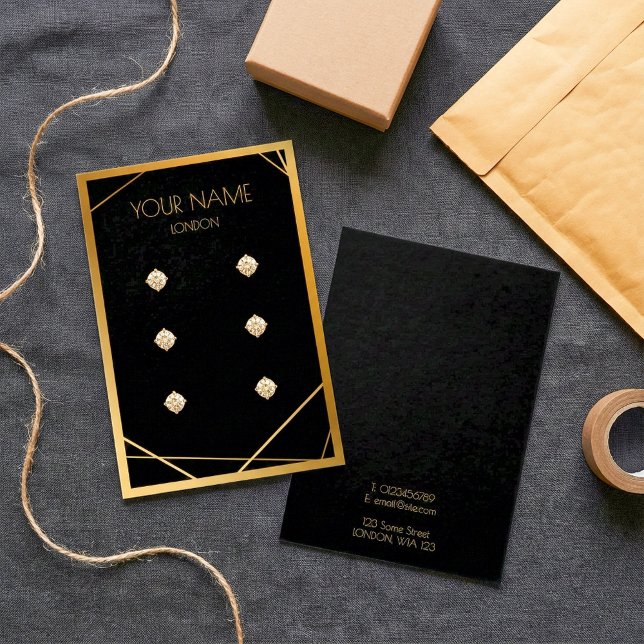 Tarjeta de visualización de anillo geométrico simp (Simple gold border geometric earring display card.)