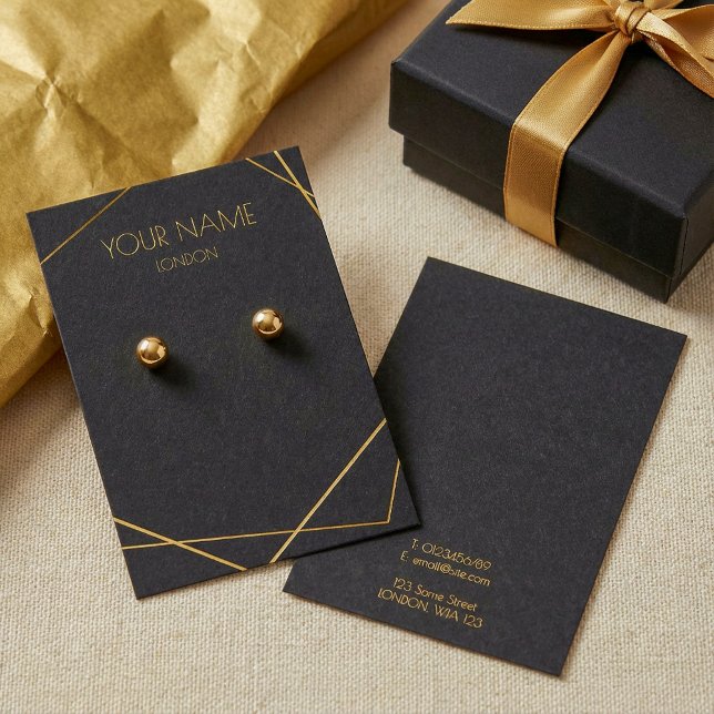 Tarjeta de visualización de auriculares negros geo (Luxury gold geometric black earring display card.)