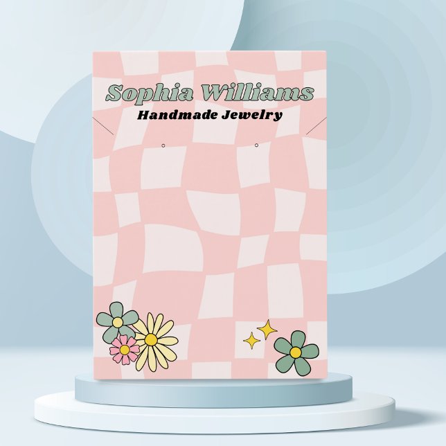 Tarjeta de visualización de collar y de marcha de  (Small jewelry business branding with this cute playful pink display card. Retro vibes.)