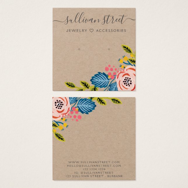 Tarjeta de visualización de joyas Kraft Boho Flora (Anverso y reverso)