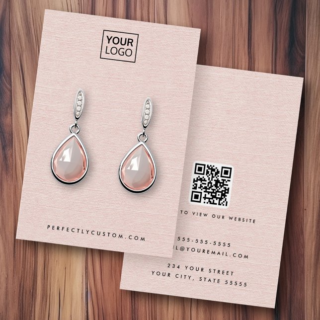 tarjeta de visualización de la apariencia de la ro (Blush pink linen look logo QR earring display card)