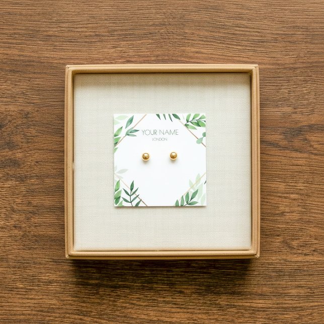 Tarjeta de visualización de los bordes verde y dor (Leafy green and copper border earring display card.)