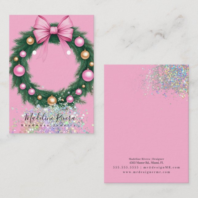 Tarjeta de visualización de navidades Wreath Pink  (Anverso / Reverso)