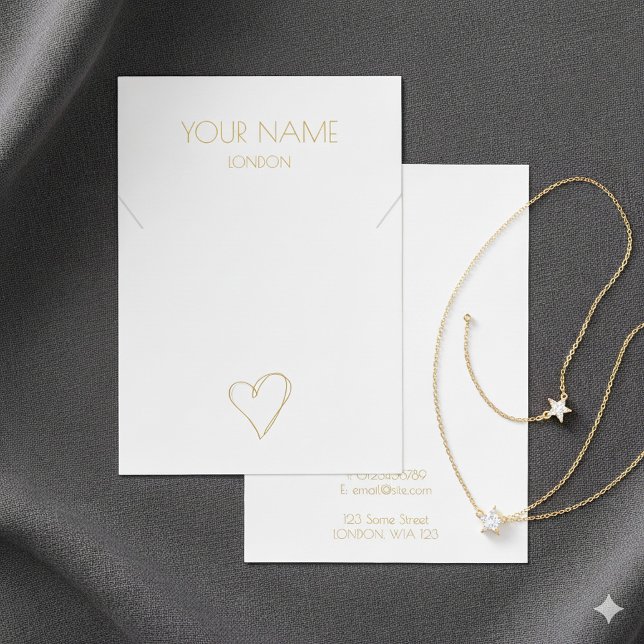 Tarjeta de visualización de pulsera del collar del (White gold heart necklace bracelet display card with contact details.)