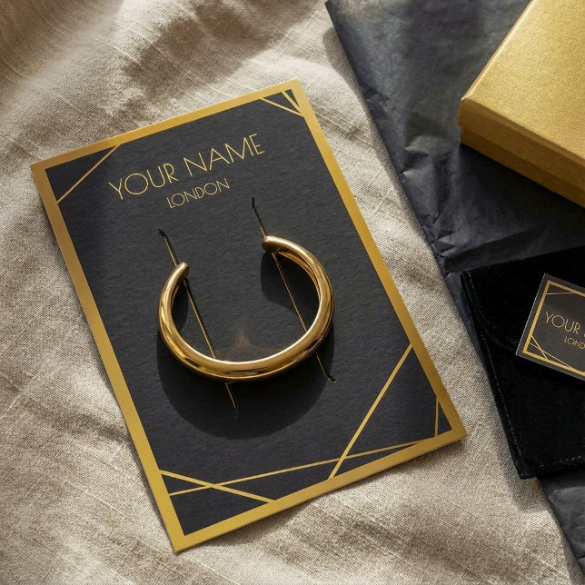 Tarjeta de visualización de pulsera negra con bord (Gold geometric border black bracelet display card.)