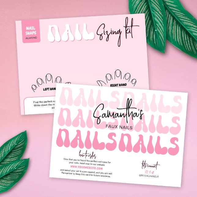 Tarjeta de visualización del kit de tallas de uñas (Retro pink nails sizing kit display cards with your brand info and order details)