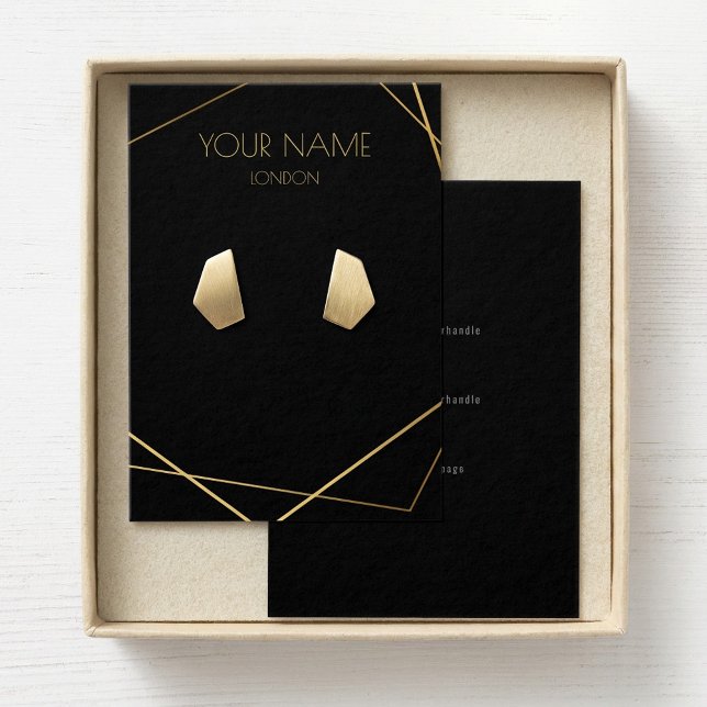 Tarjeta de visualización geométrica de oro con ico (Gold geometric display card with social icons.)