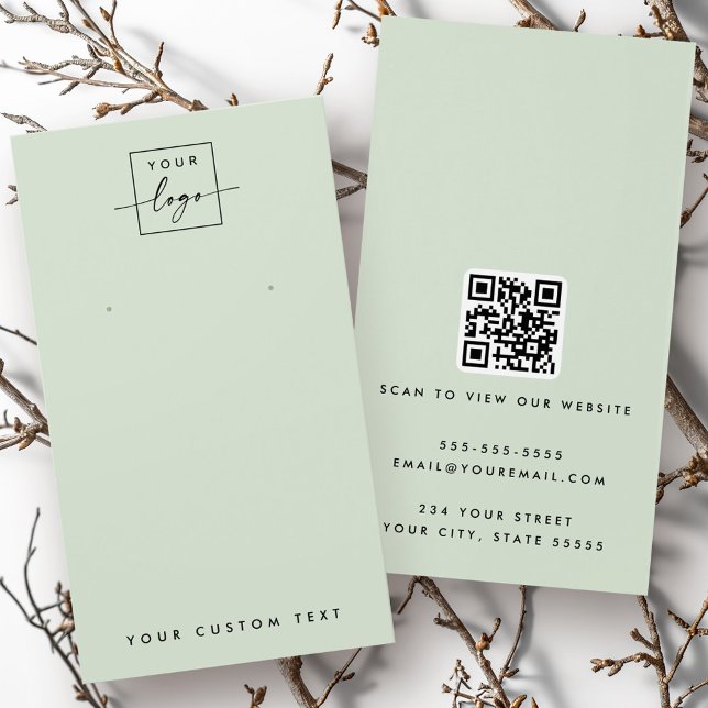 Tarjeta de visualización QR con logotipo verde cla (Light sage green logo QR earring display card)