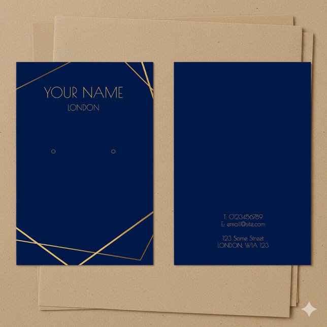 Tarjeta de visualización simple de auriculares geo (Simple gold geometric blue earring display card.)