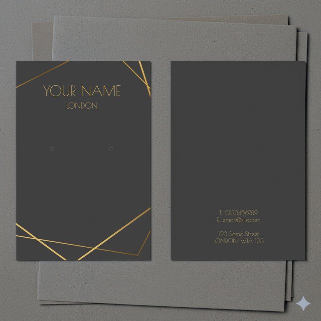 Tarjeta de visualización simple de auriculares geo (Luxury gold geometric dark earring display card.)