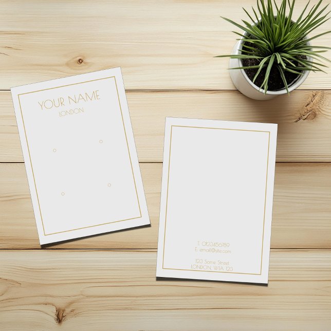 Tarjeta de visualización simple de las pendientes (White double earring display card with cold text and thin gold border)