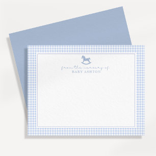 Tarjeta de vivero Dusty Blue Gingham Rocking Horse