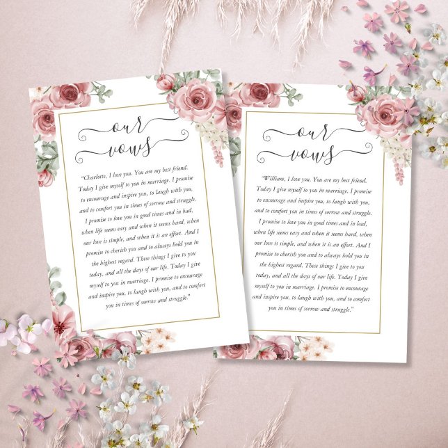 Tarjeta de votos de boda de flores de rosa polvori (Elegant Dusty Rose Floral Wedding Vows Card)