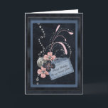 Tarjeta Dearest Friend Birthday<br><div class="desc">Un fondo turbio azul oscuro,  un marco elegante,  algunos remolinos y decoraciones purpurinas,  flores de bonito y un botón plateado,  y una etiqueta de papel azul pálido componen esta tarjeta de bienvenida única y de personalizable para el cumpleaños de tu más querido amigo.</div>