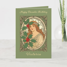 Tarjeta December Birthday Art Nouveau Holly Berries