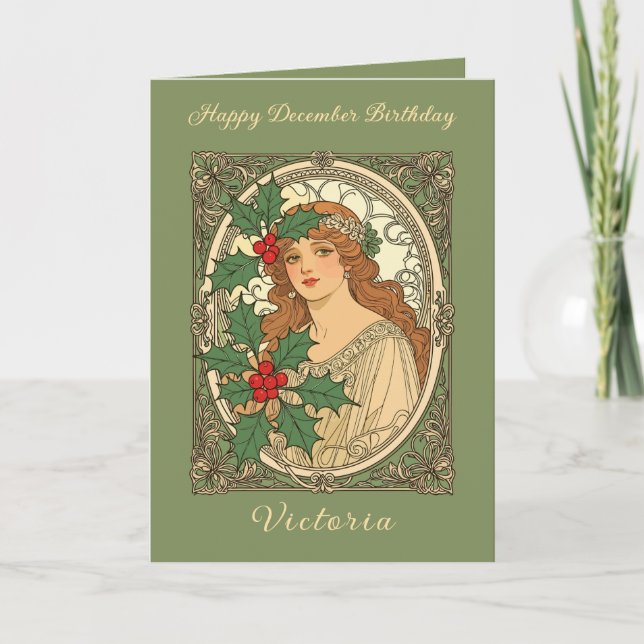 Tarjeta December Birthday Art Nouveau Holly Berries (Anverso)