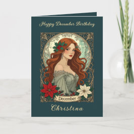 Tarjeta December Birthday Holly Berries And Poinsettia
