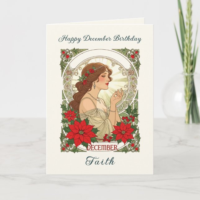 Tarjeta December Birthday Holly Berries And Red Poinsettia (Anverso)