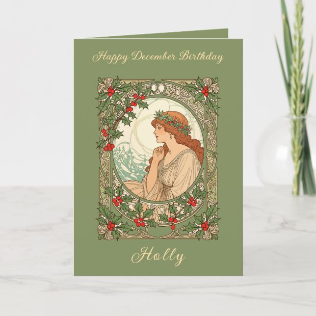 Tarjeta December Birthday Holly Berries Art Nouveau (Anverso)